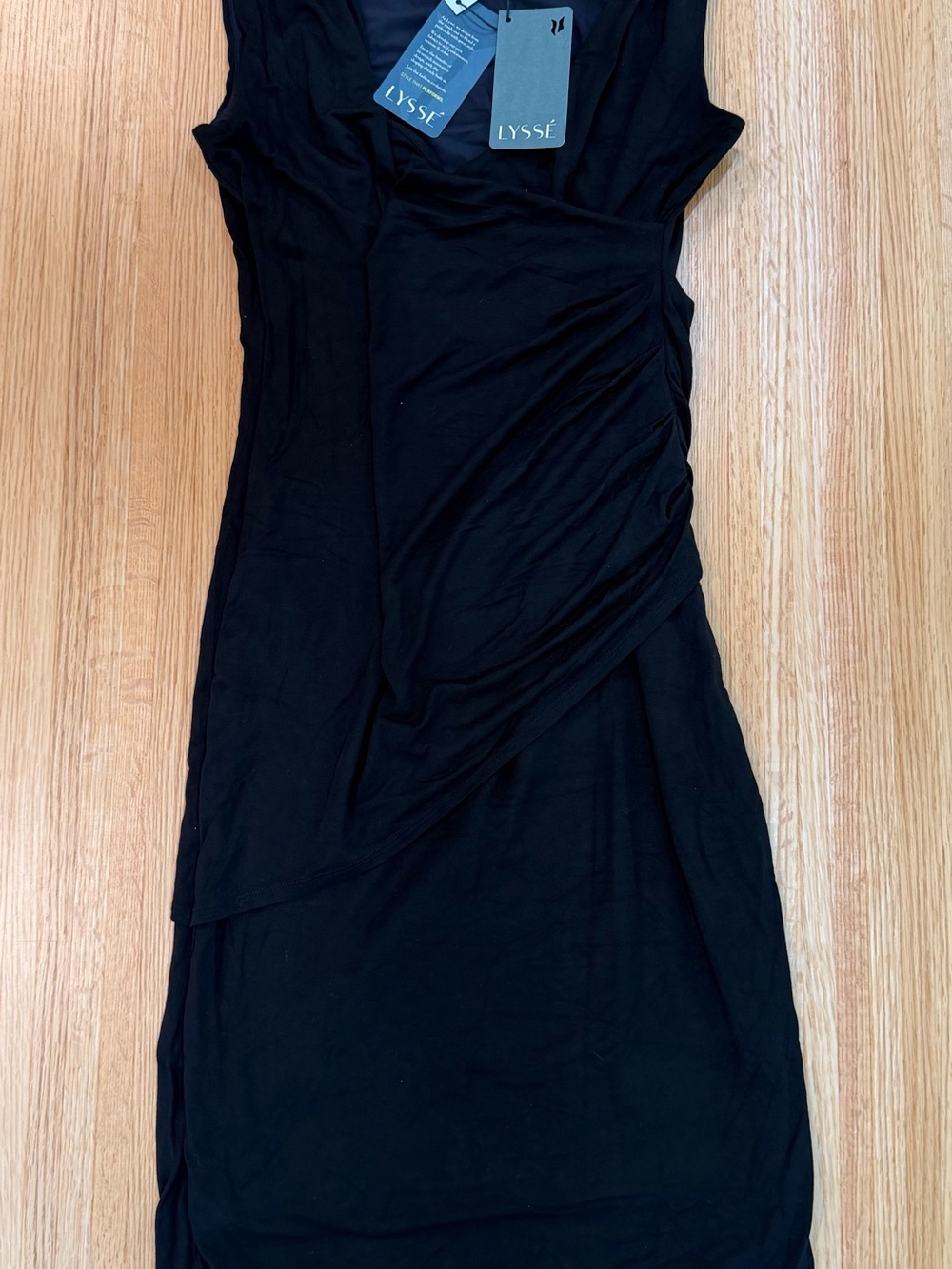 Lysse Black Sleeveless Ruched Wrap Midi Dress